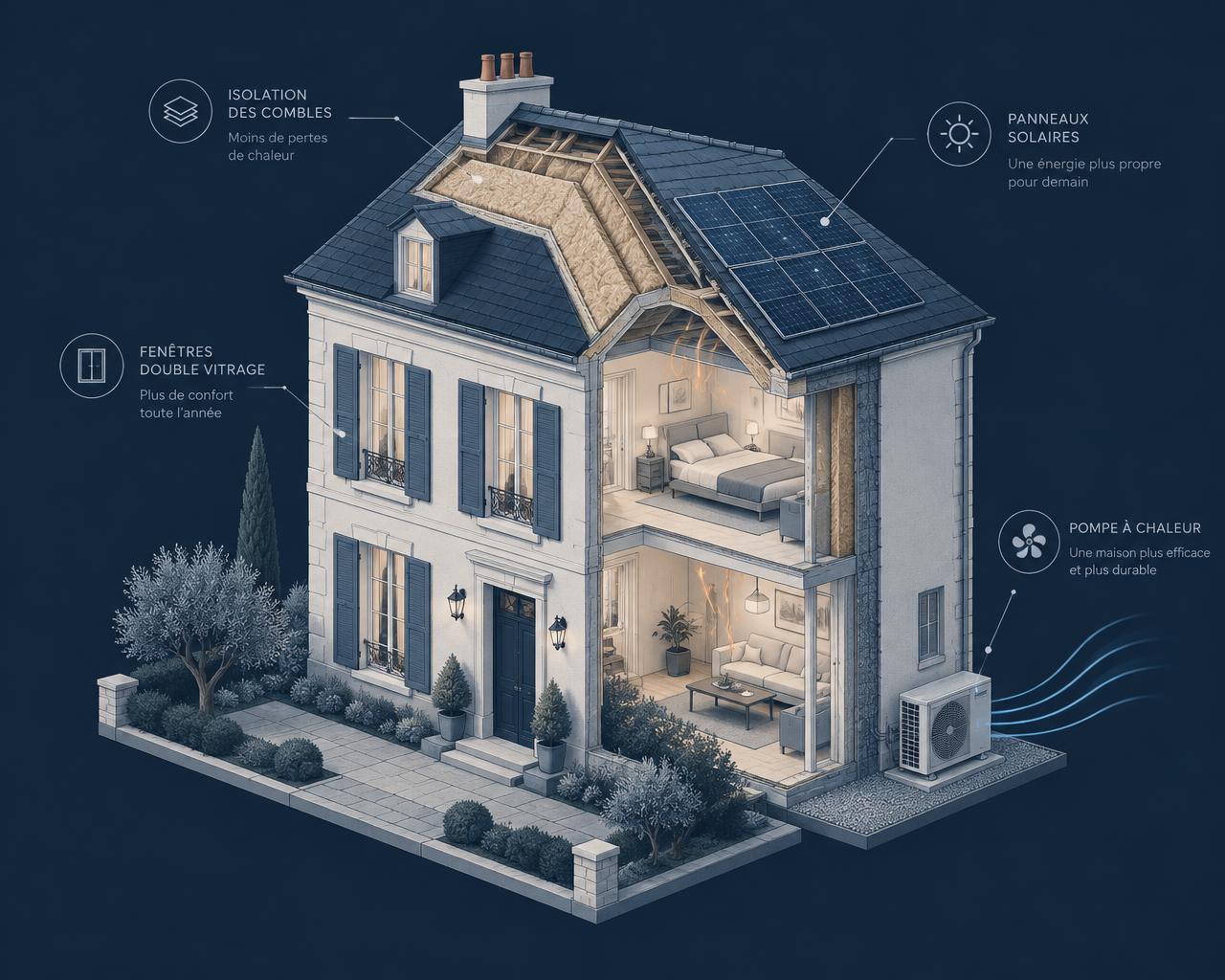 Maison rénovée : isolation, panneaux solaires et pompe à chaleur